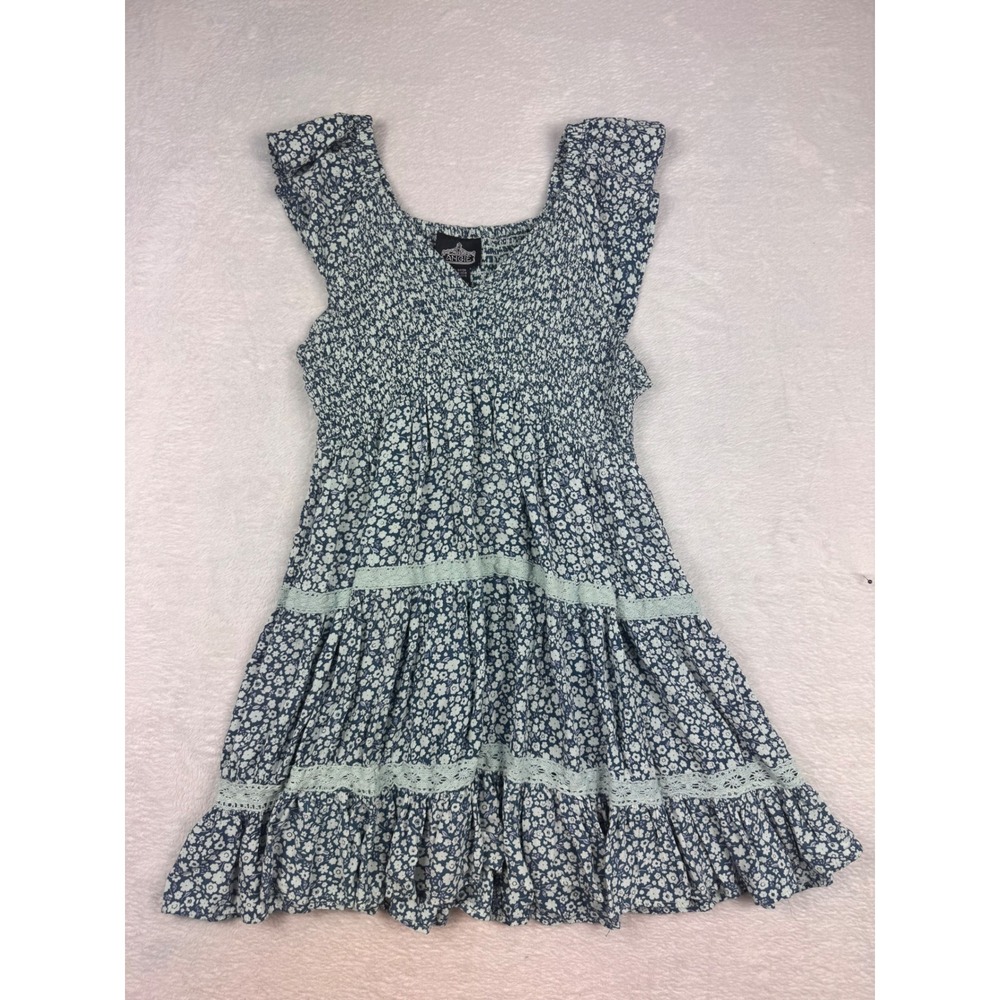 Angie Blue Floral Smocked Tiered Mini Dress Lace Trim Ruffle Sleeve Medium